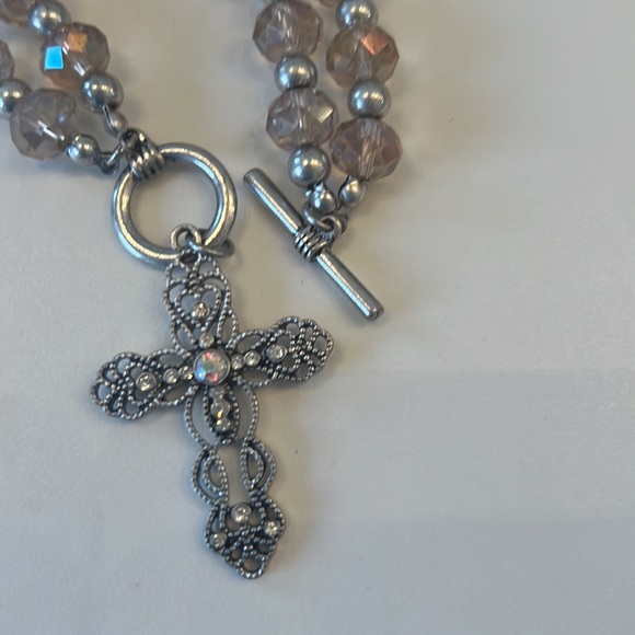 DoubleStrand Iridescent CrystalBeads & Silver Beads Bracelet with filigree Cross - Picture 3 of 5